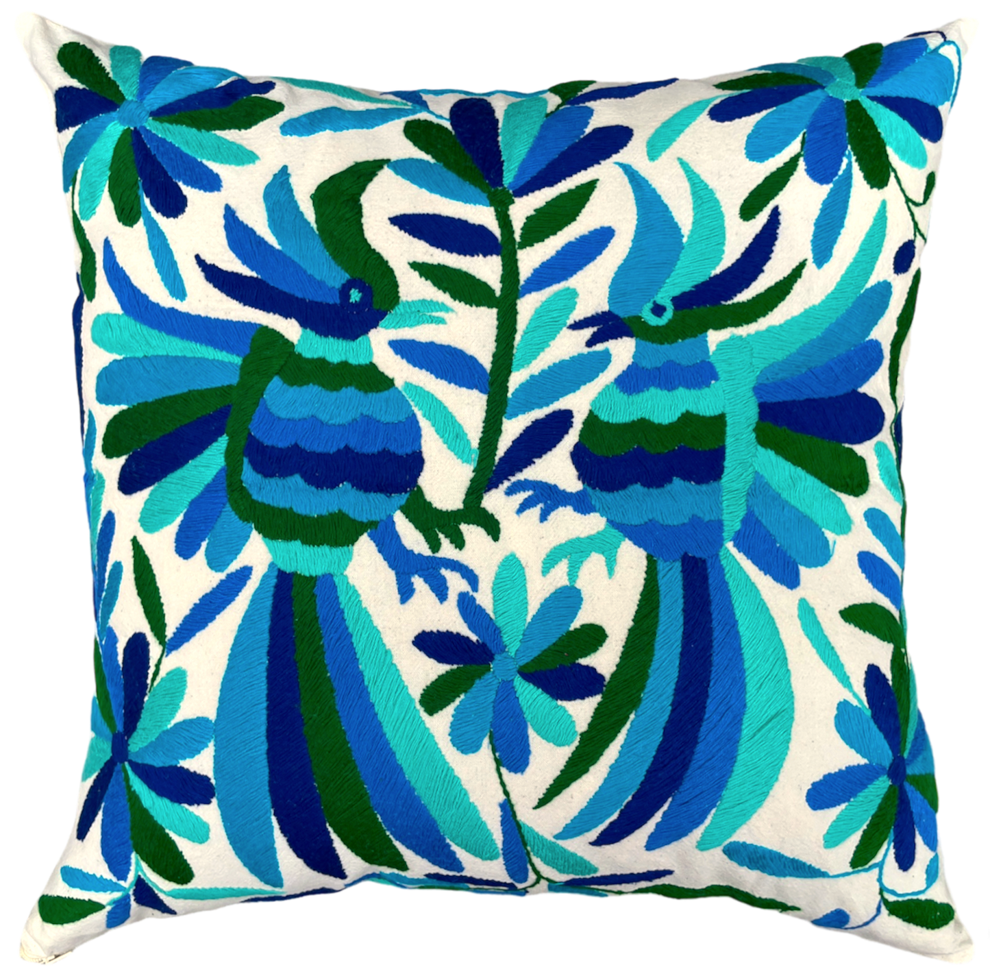 Housse de coussin brodée, le duo, harmonie de bleus