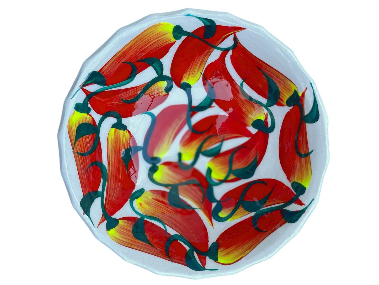 Plat creux , le piment, terre cuite 5,2H x 14,7D. Blanc et rouge
