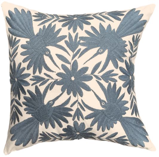 Housse de coussin brodée, 4 colibris, gris souris