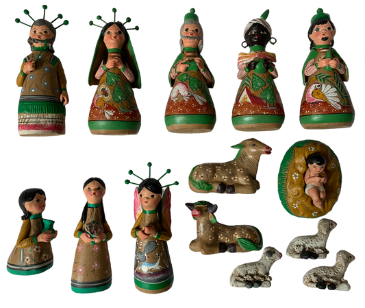 Crèche grande 14 santons, verte (15 cm).