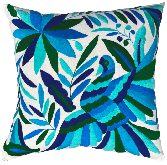 Housse de coussin brodée, le soliste, harmonie de bleus