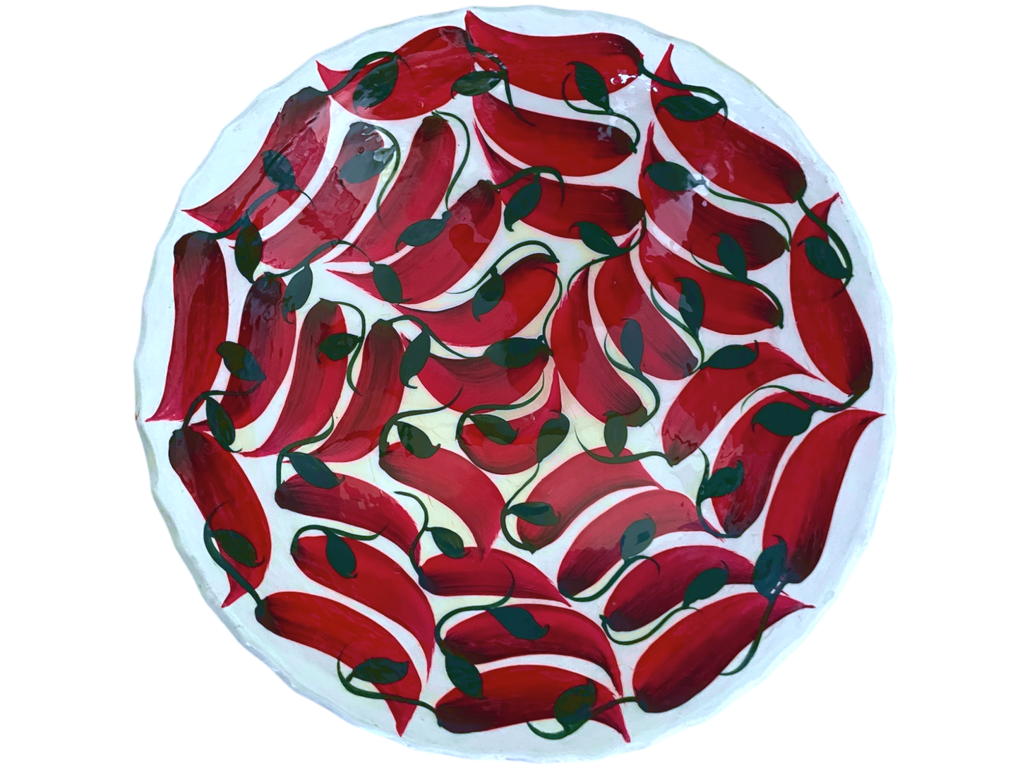 Plat creux , le piment, terre cuite 8H x 24,5D. Blanc et rouge