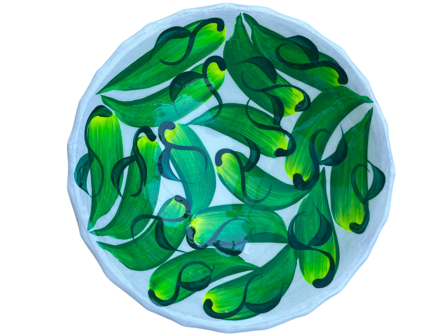 Plat creux , le piment, terre cuite 5,2H x 14,7D. Blanc et vert
